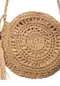 Geanta mica impletita crossbody, circulara cu ciucure decorativ, bej inchis imagine