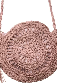 Geanta mica impletita crossbody, circulara cu ciucure decorativ, roz prafuit imagine