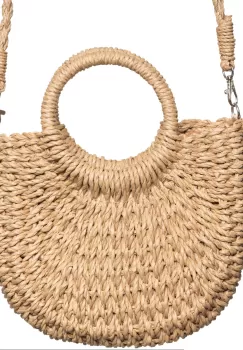 Geanta mica impletita crossbody, circulara cu manere rotunde, bej inchis imagine