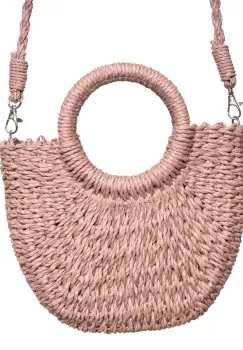 Geanta mica impletita crossbody, circulara cu manere rotunde, roz prafuit imagine