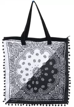 Geanta patrata de plaja din material textil, cu ciucuri pe trei laturi, alb si negru imagine