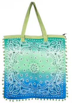 Geanta patrata de plaja din material textil, cu ciucuri pe trei laturi si degrade verde cu albastru imagine