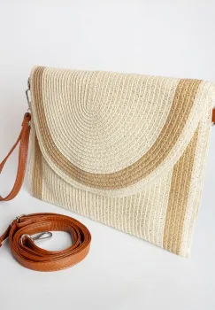 Geanta plic impletita crossbody, cu bareta de umar si de mana, bej deschis cu bej inchis imagine