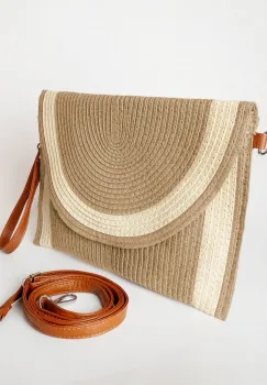 Geanta plic impletita crossbody, cu bareta de umar si de mana, camel cu bej deschis imagine