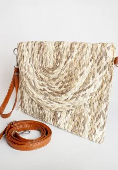 Geanta plic impletita crossbody, cu bareta de umar si de mana, nuante de bej imagine