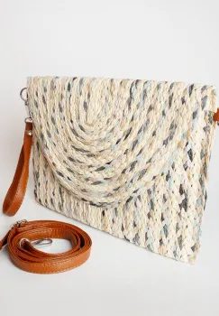 Geanta plic impletita crossbody, cu bareta de umar si de mana, nuante pastelate de bej, roz si bleu imagine