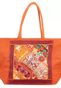 Geanta portocalie din material textil natural tip sac, cu aplicatie unicat, brodata manual imagine