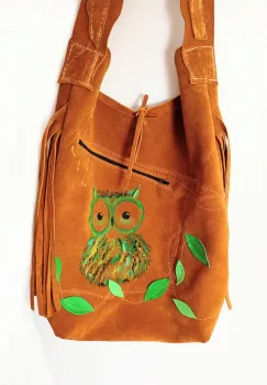Geanta sac galben mustar ,cu bufnita pictata ,din piele naturala intoarsa,unicat imagine