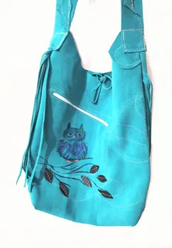 Geanta sac turcoaz,cu bufnita pictata ,din piele naturala intoarsa,unicat imagine