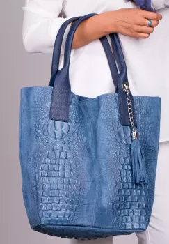 Geanta shopper albastra din piele intoarsa naturala imagine