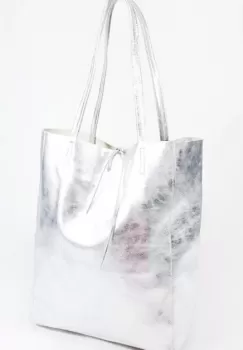 Geanta shopper argintiu metalizat din piele naturala imagine