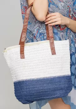 Geanta shopper bicolora impletita, alb si albastru imagine