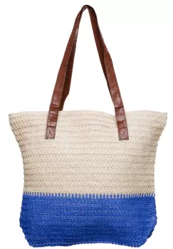 Geanta shopper bicolora impletita, bej si albastru imagine
