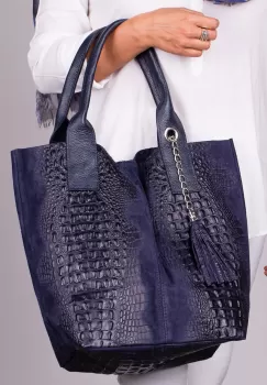 Geanta shopper bleumarin din piele intoarsa naturala imagine