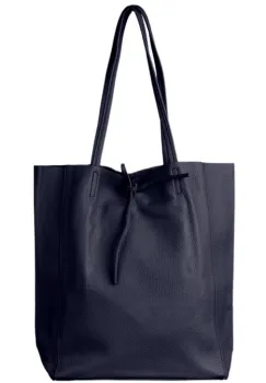 Geanta shopper bleumarin din piele naturala, cu fermoar imagine