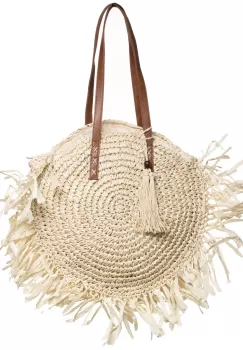 Geanta shopper circulara mare impletita, cu franjuri mari decorativi, bej deschis imagine