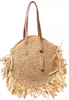 Geanta shopper circulara mare impletita, cu franjuri mari decorativi, bej inchis imagine