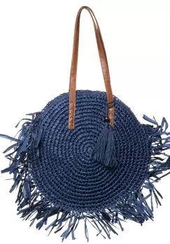 Geanta shopper circulara mare impletita, cu franjuri mari decorativi, bleumarin imagine