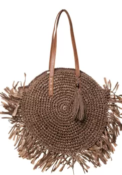 Geanta shopper circulara mare impletita, cu franjuri mari decorativi, maro imagine