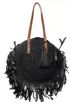 Geanta shopper circulara mare impletita, cu franjuri mari decorativi, neagra imagine