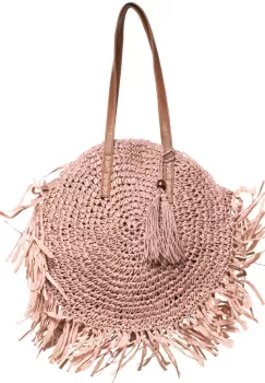 Geanta shopper circulara mare impletita, cu franjuri mari decorativi, roz prafuit imagine