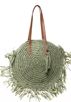 Geanta shopper circulara mare impletita, cu franjuri mari decorativi, verde prafuit imagine