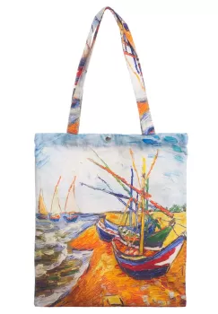 Geanta shopper din material textil, cu imprimeu inspirat din pictura Barci pe plaja a lui Vincent Van Gogh imagine