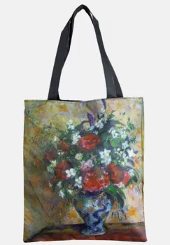 Geanta shopper din material textil, cu imprimeu inspirat dintr-o pictura cu flori albe si rosii imagine