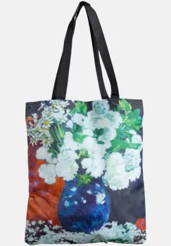 Geanta shopper din material textil, dupa o pictura cu flori albe in vaza imagine