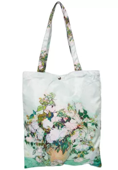 Geanta shopper din material textil satinat, cu reproducere dupa Vaza cu trandafiri albi de Van Gogh imagine