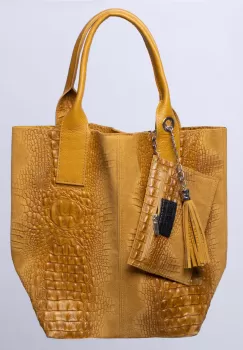 Geanta shopper din piele intoarsa naturala, galben mustar imagine