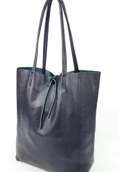 Geanta shopper din piele naturala, negru metalizat imagine