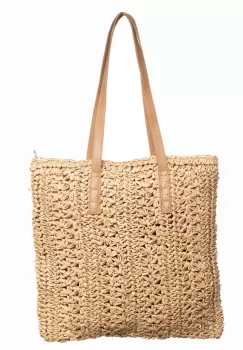 Geanta shopper impletita cu manere din piele ecologica, bej inchis imagine