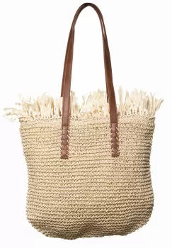 Geanta shopper impletita cu manere din piele ecologica si franjuri decorativi in partea de sus, bej deschis imagine