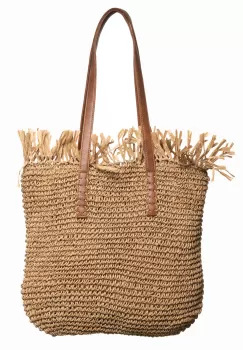 Geanta shopper impletita cu manere din piele ecologica si franjuri decorativi in partea de sus, bej inchis imagine