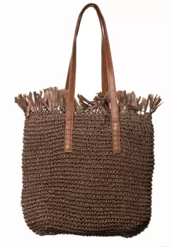 Geanta shopper impletita cu manere din piele ecologica si franjuri decorativi in partea de sus, maro imagine