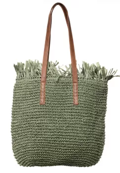 Geanta shopper impletita cu manere din piele ecologica si franjuri decorativi in partea de sus, verde prafuit imagine