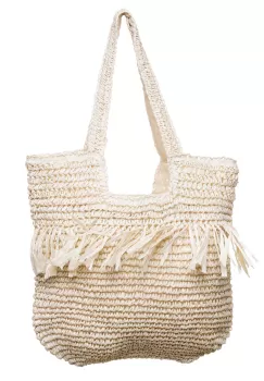 Geanta shopper impletita cu manere late si franjuri, bej deschis imagine