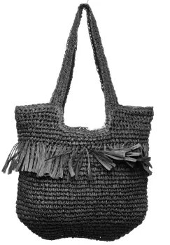 Geanta shopper impletita cu manere late si franjuri, neagra imagine