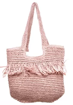 Geanta shopper impletita cu manere late si franjuri, roz prafuit imagine