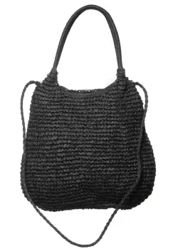 Geanta shopper impletita cu manere si bareta de umar din acelasi material, negru imagine