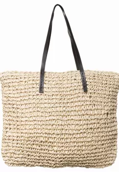 Geanta shopper impletita cu ochiuri mari si manere din piele ecologica, bej deschis imagine