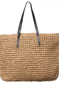 Geanta shopper impletita cu ochiuri mari si manere din piele ecologica, bej inchis imagine