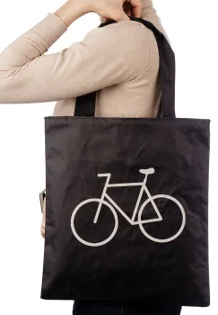 Geanta shopper neagra din material textil, cu imprimeu grafic bicicleta imagine