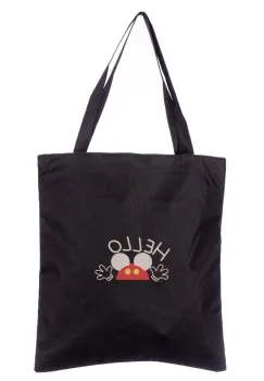 Geanta shopper neagra din material textil, cu imprimeu grafic Hello soricel imagine