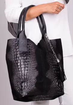 Geanta shopper neagra din piele intoarsa naturala imagine