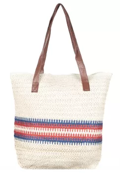 Geanta shopper tricolora impletita, bej deschis cu dungi bleumarin si rosii imagine