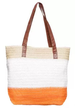 Geanta shopper tricolora impletita, portocaliu, bej si alb imagine