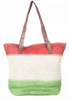 Geanta shopper tricolora impletita, verde, bej si rosu inchis imagine