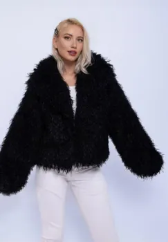 Haina scurta tip shaggy din blanita ecologica neagra, super pufoasa imagine
